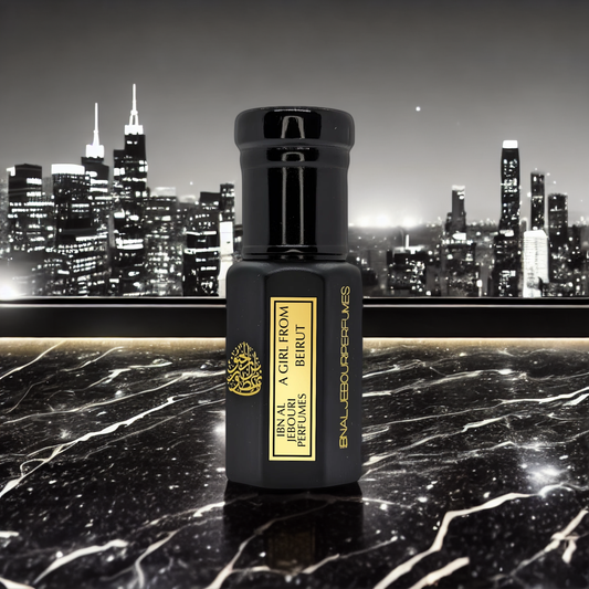 Amber glass bottle of Ibn Al Jebouri's A Girl From Beirut Pure Perfume Oil, alcohol-free rose cedar scent
