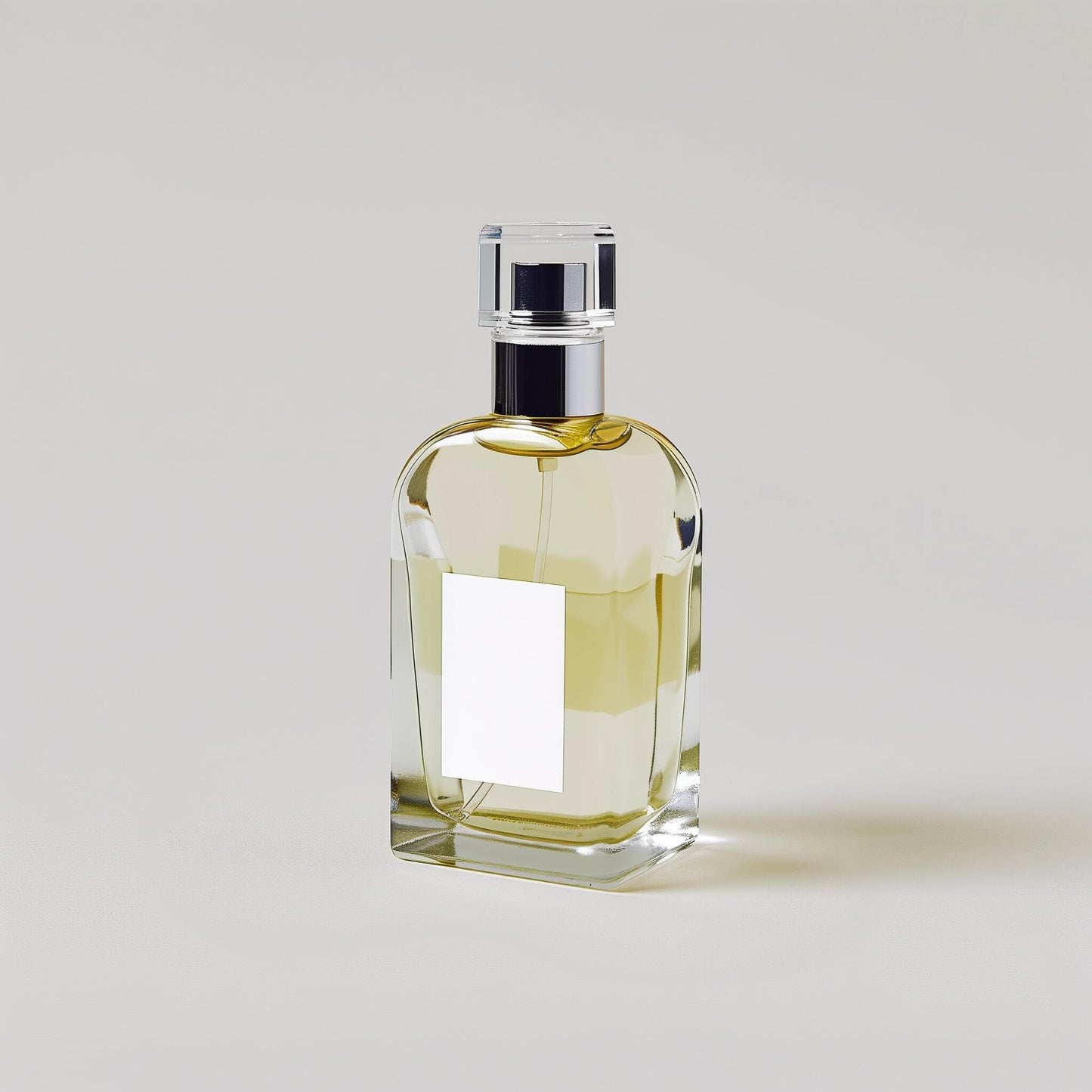 Clear glass perfume bottle with a rectangular label and golden liquid, by Ibn Al Jebouri Perfumes.