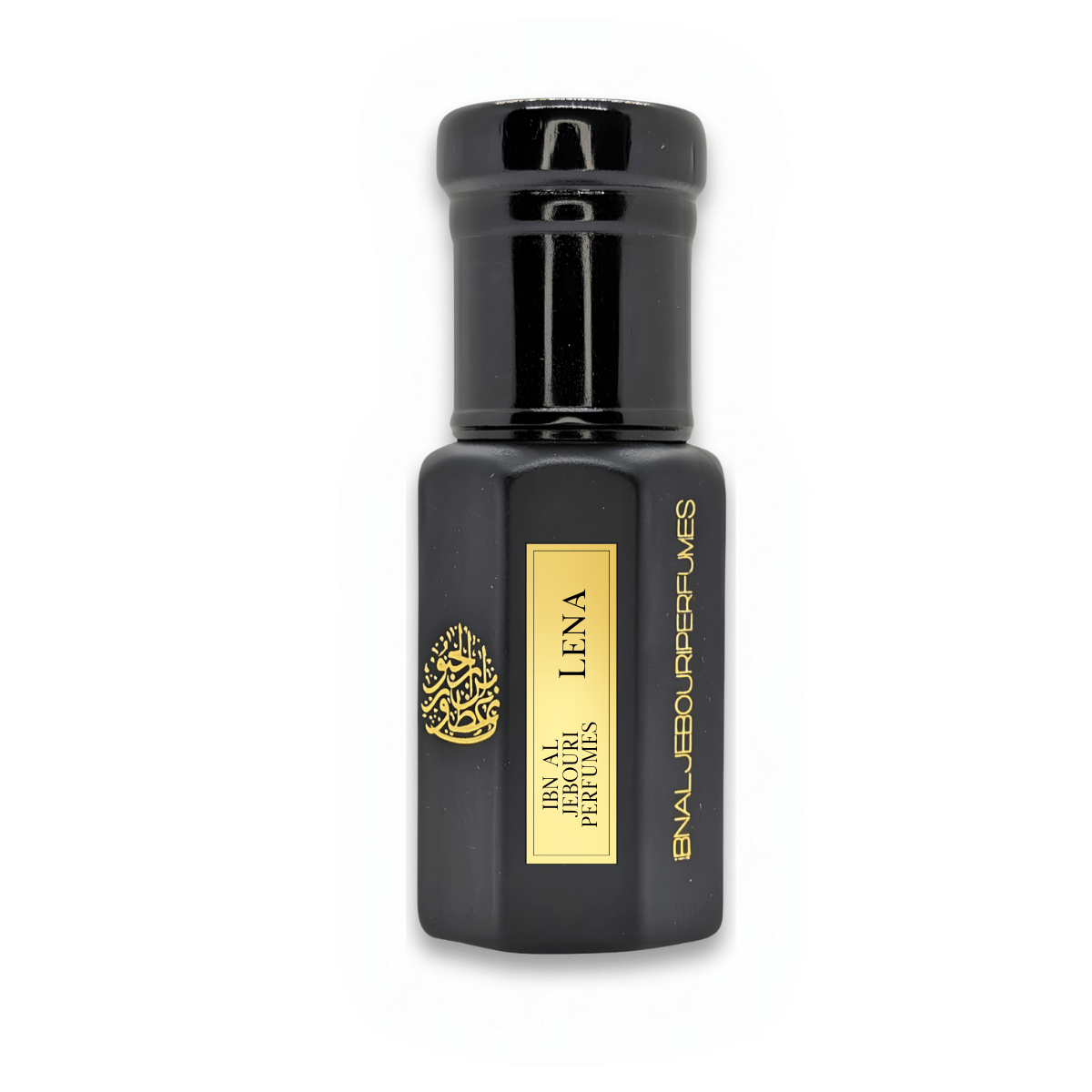 Black bottle of Ibn Al Jebouri Leena Perfume Oil, floral musky woody fragrance, available in 1ml, 3ml, and 6ml sizes.