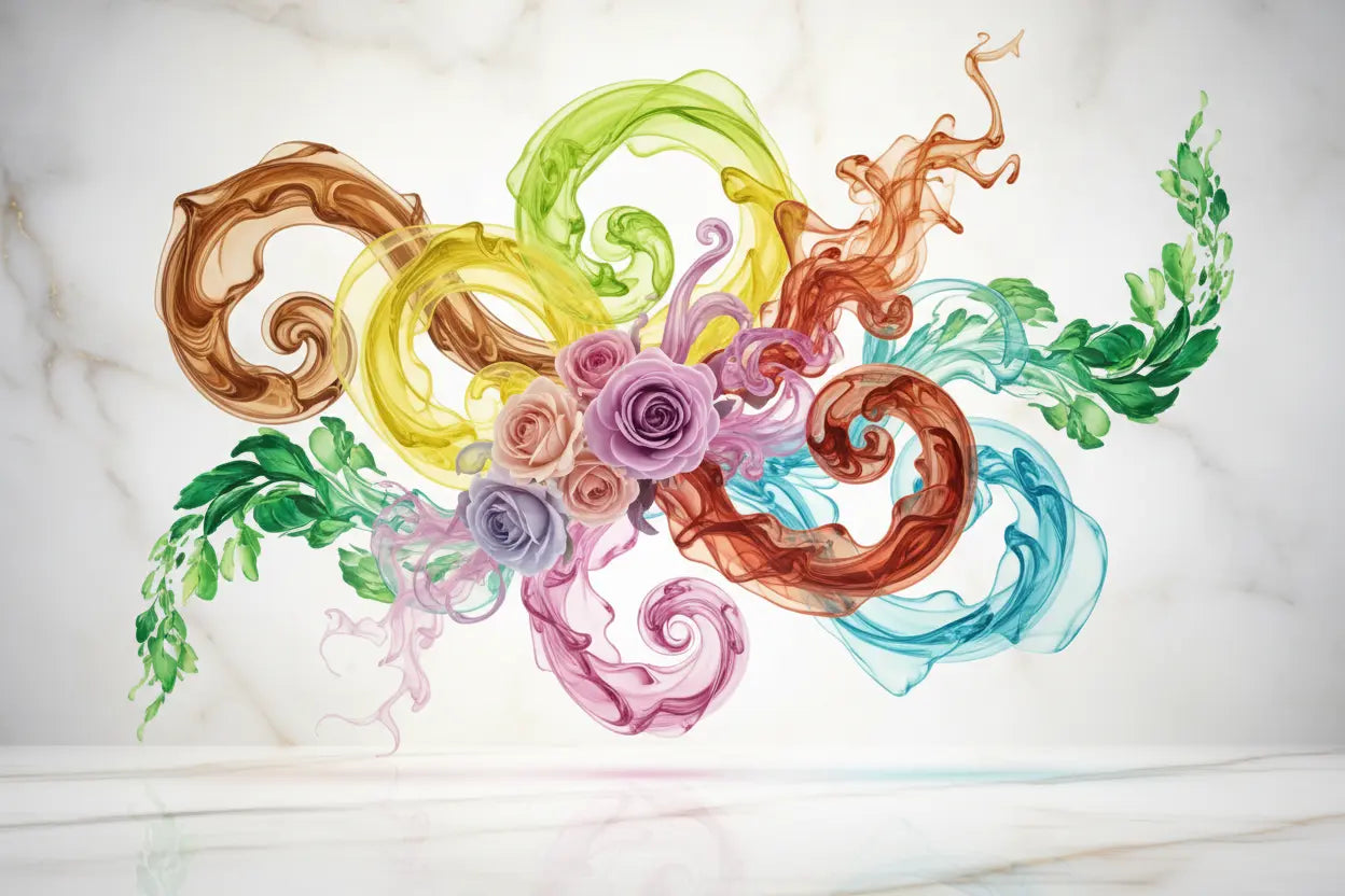 Colorful swirls and roses create a vibrant composition, illustrating "Fragrance Families for Layering" in a floral design.