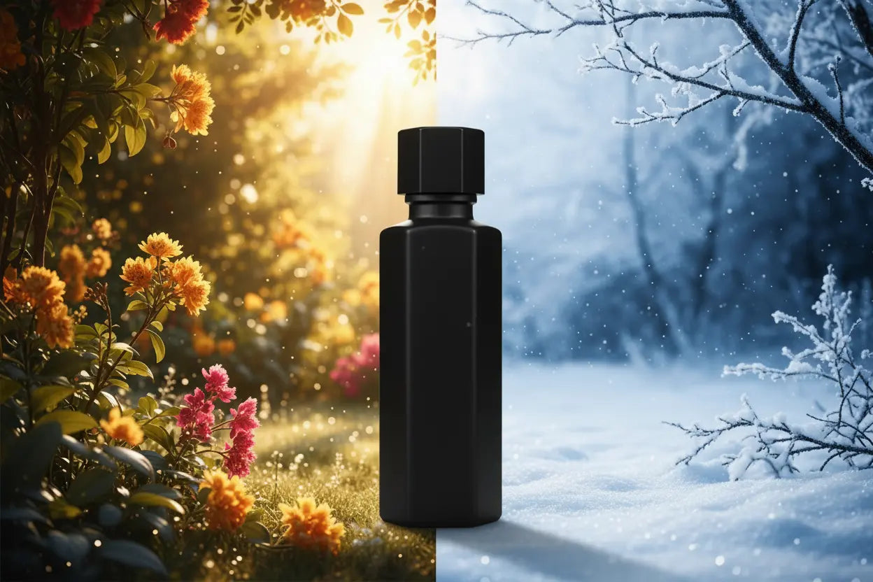 Black bottle split between a vibrant summer garden and a snowy winter landscape, illustrating seasonal layering ideas.