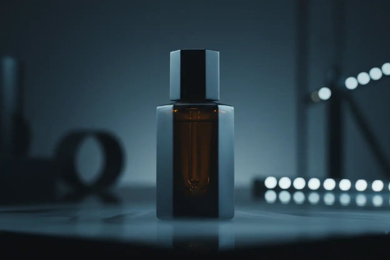 Elegant amber perfume bottle against a dark backdrop, showcasing tips for storing perfume oils.