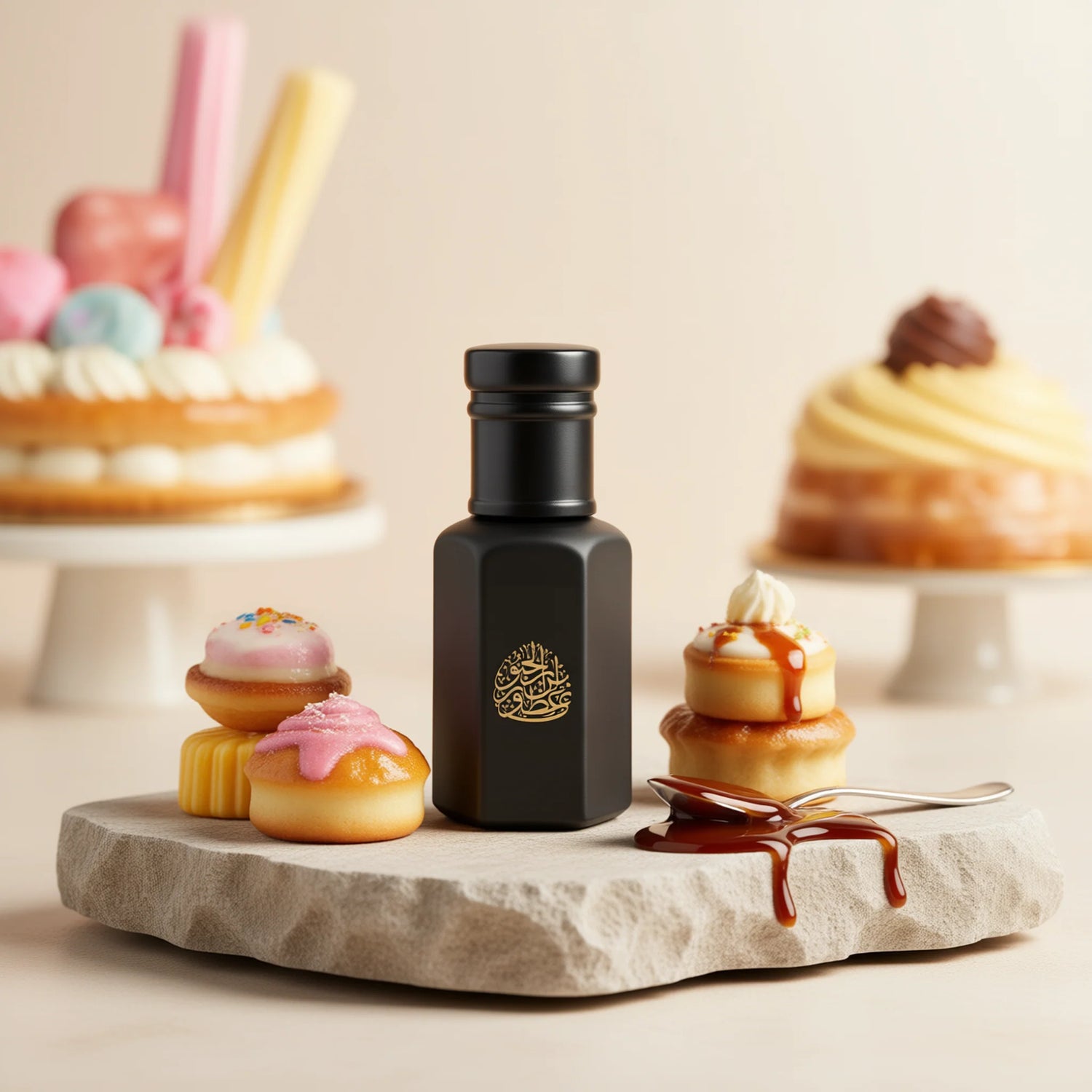 Black glass perfume bottle with gold accents, displayed with assorted desserts on a stone platter.