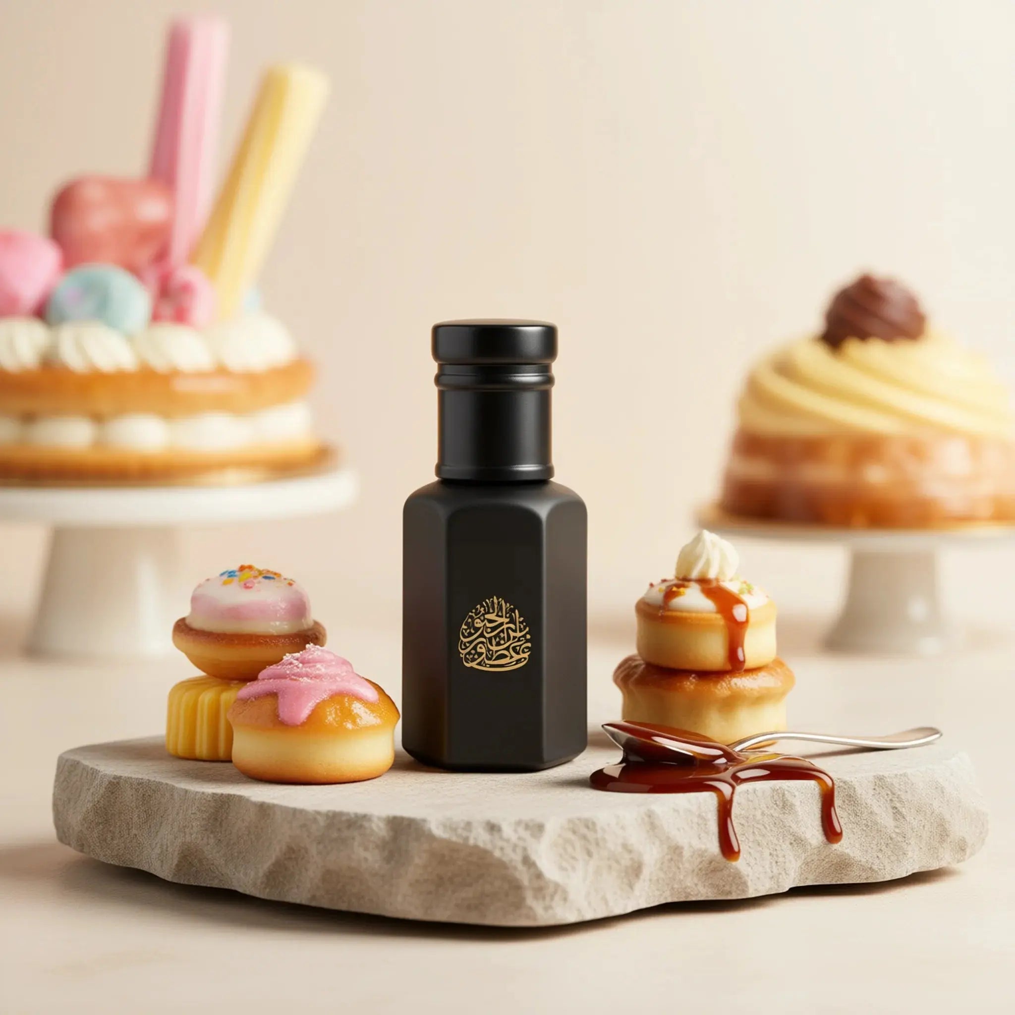 Black glass perfume bottle with gold accents, displayed with assorted desserts on a stone platter.