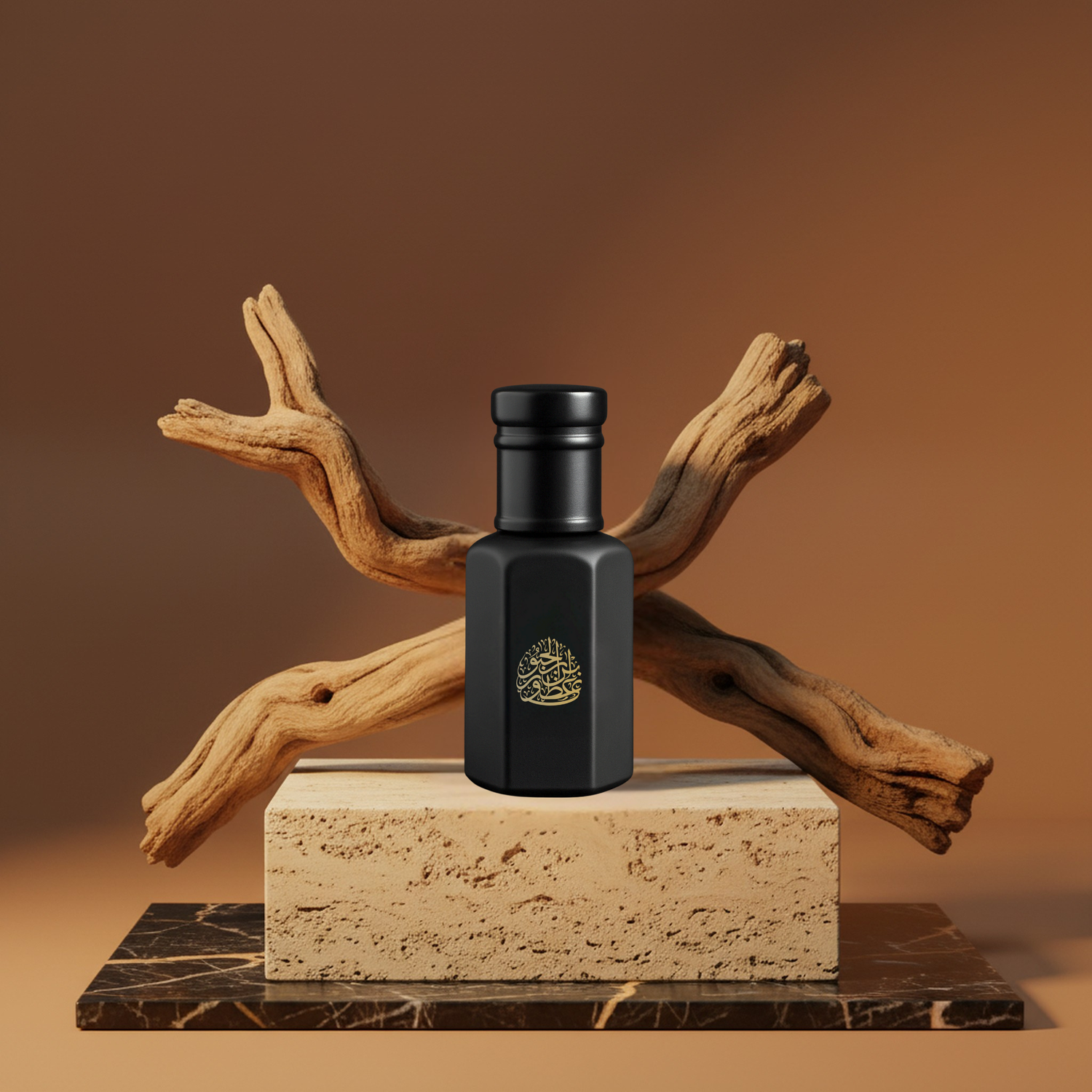 Matte black perfume bottle with ornate gold logo, displayed on a textured stone base and wooden accents.
