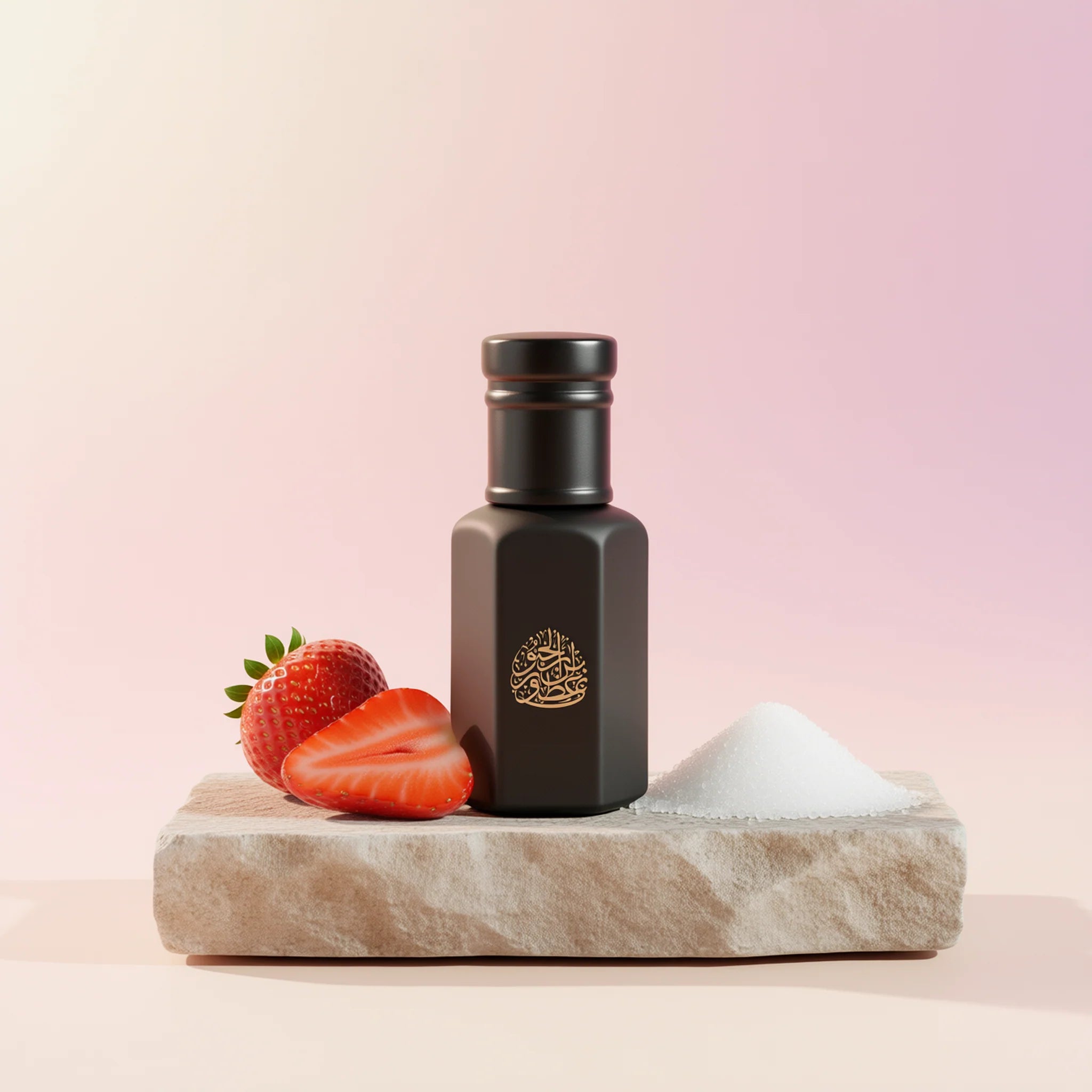 Black bottle of Fruity flavoring with gold logo, fresh strawberries, and a mound of sugar on a stone surface.