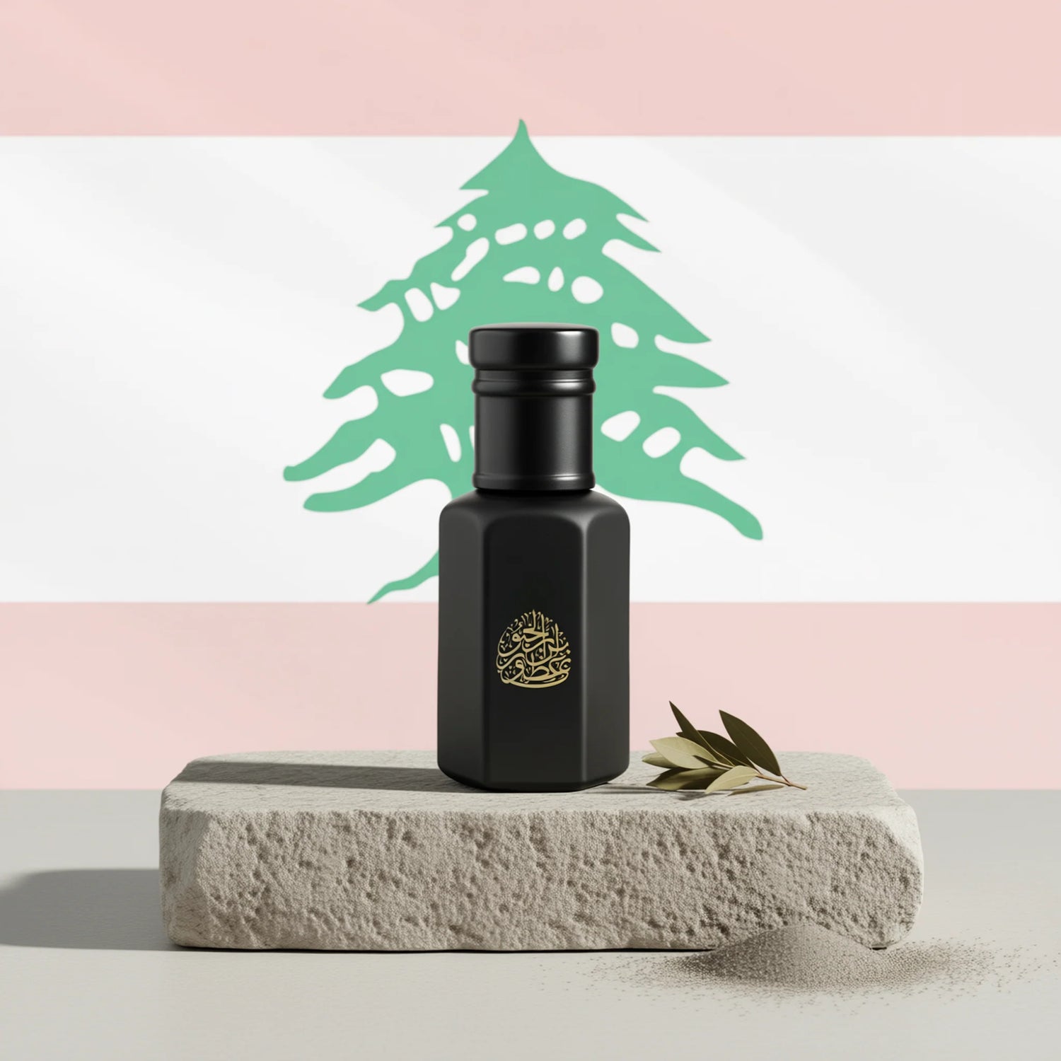 Black fragrance bottle with gold emblem on stone slab, set against a Lebanese flag background.