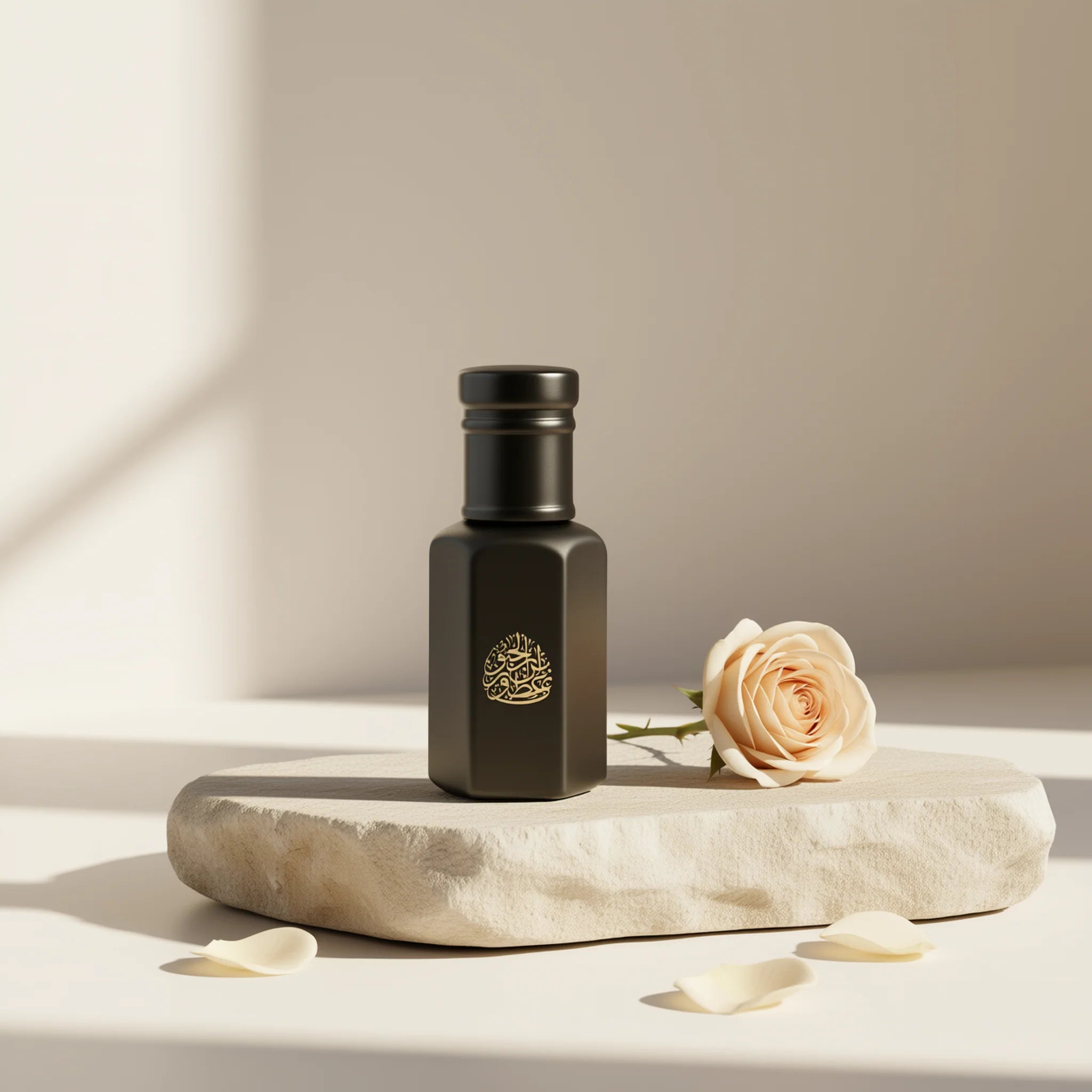 Matte black perfume bottle with gold logo, accompanied by a pale pink rose on a textured stone surface.