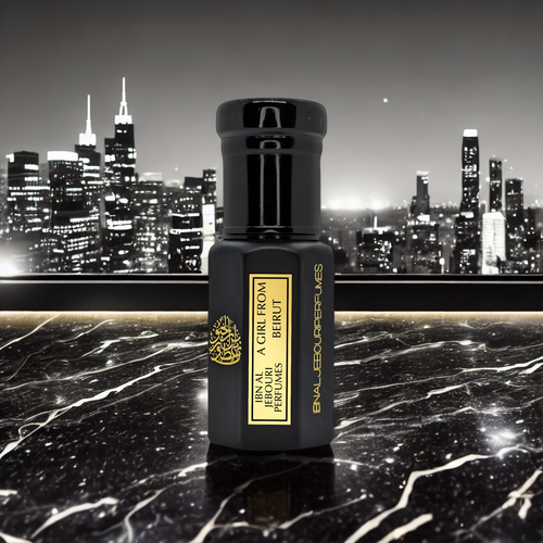 Amber glass bottle of Ibn Al Jebouri's A Girl From Beirut Pure Perfume Oil, alcohol-free rose cedar scent
