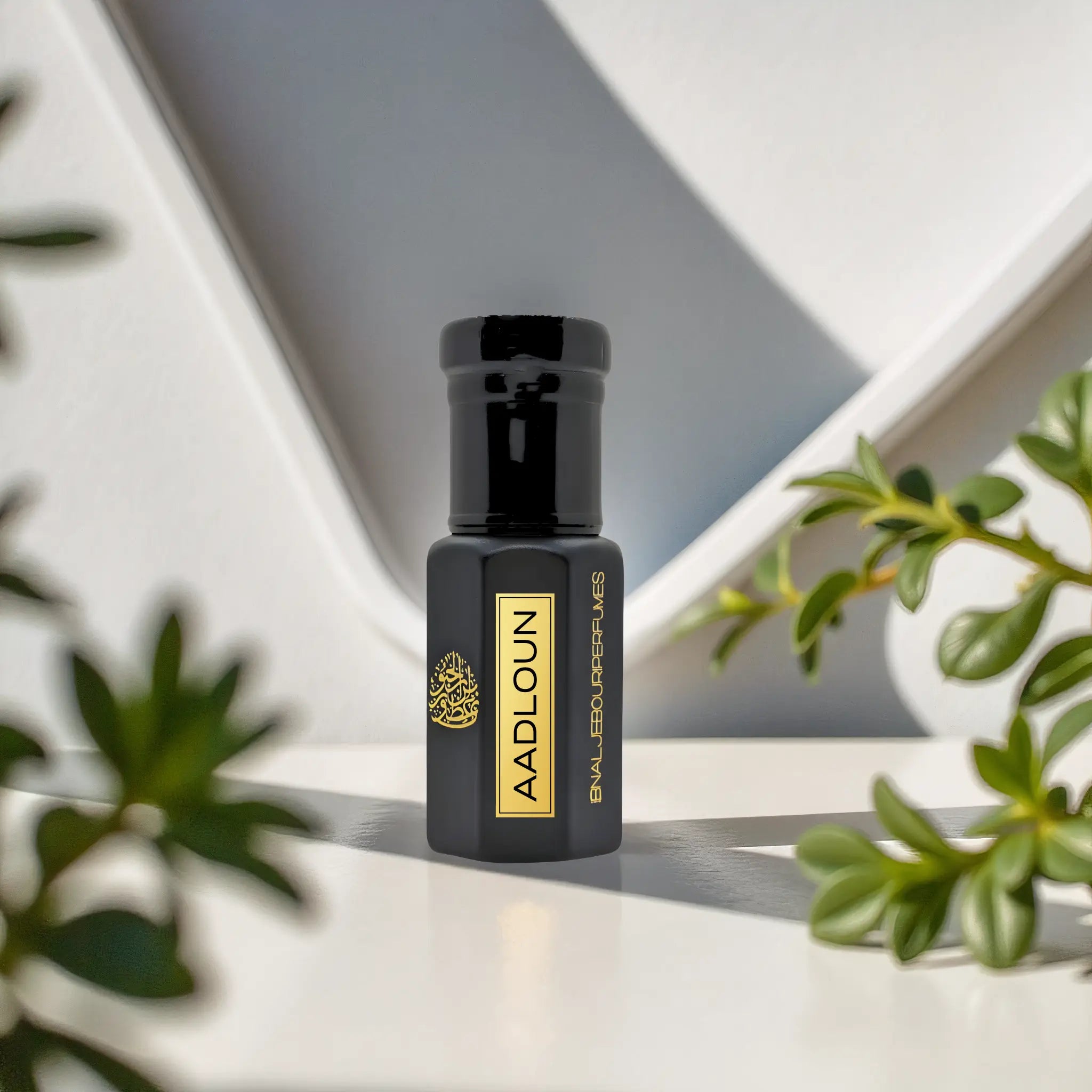Aadloun Pure Perfume Oil by Ibn Al Jebouri, 12ml bottle, alcohol-free, aromatic scent with Oud, elegant design.