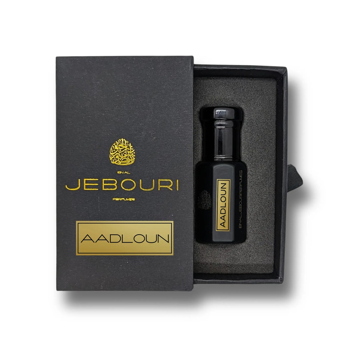 Aadloun Pure Perfume Oil by Ibn Al Jebouri, 6ml bottle, alcohol-free, aromatic scent with Oud, elegant design.