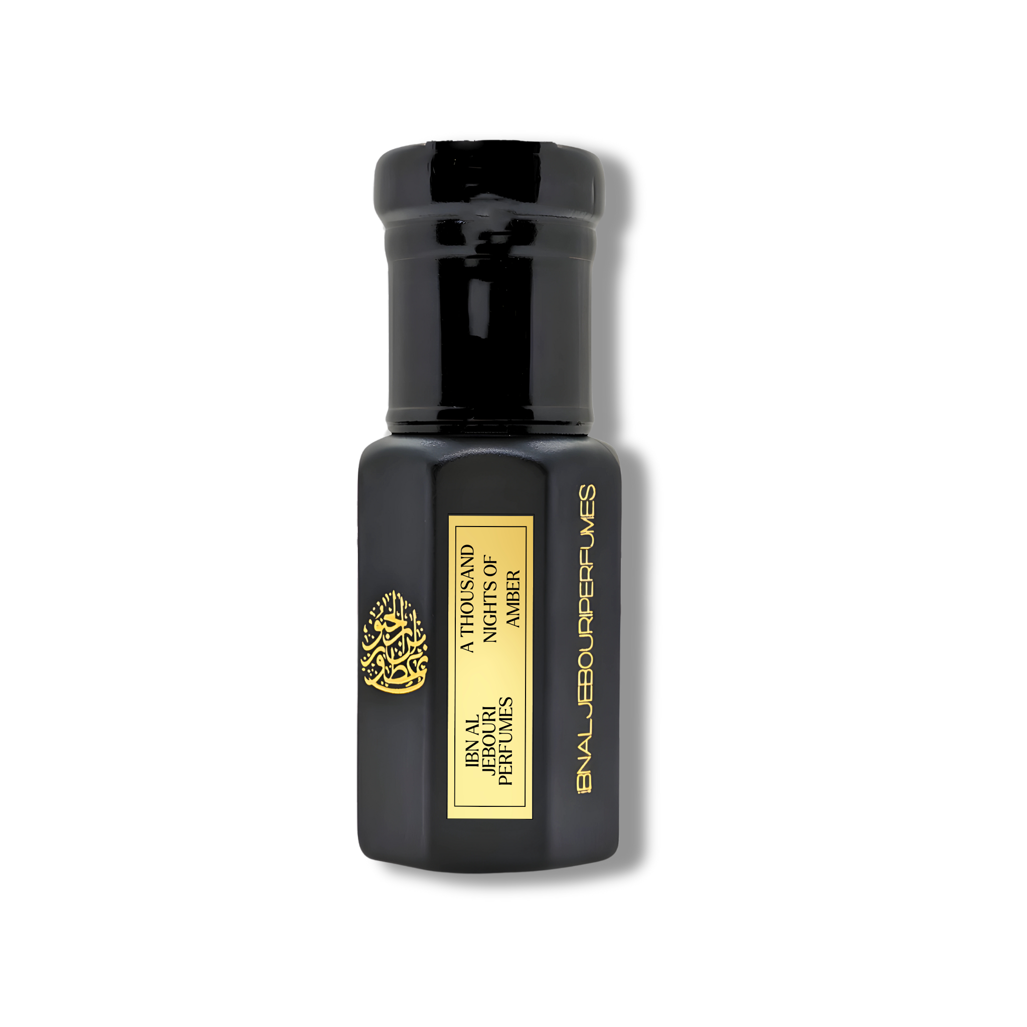 Amber perfume oil bottle with Oud, rose, and saffron notes, by Ibn Al Jebouri, in a 1ml sample size.