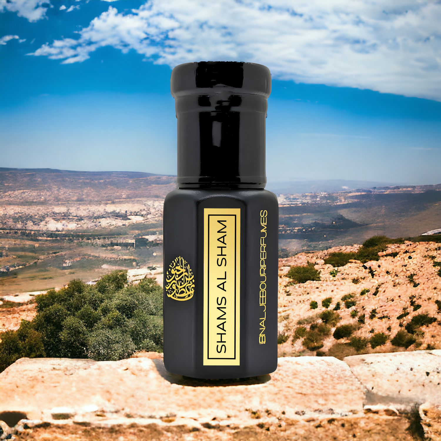 Shams Al Sham perfume oil by Ibn Al Jebouri, amber glass bottle with gold accents, alcohol-free Arabian fragrance
