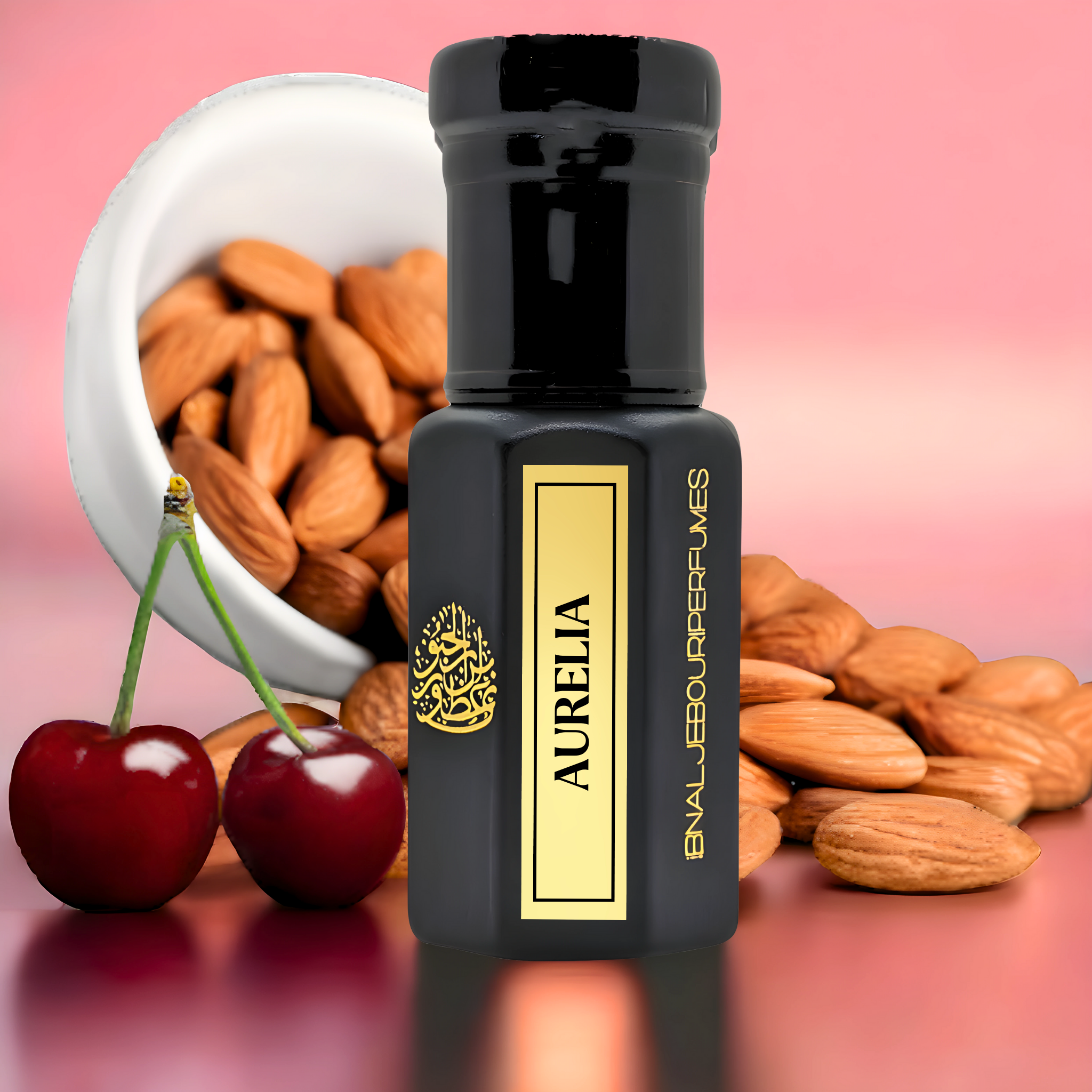 Aurelia Oriental Gourmand perfume oil in a clear glass bottle, featuring cherry, vanilla, and amber notes, by Ibn Al Jebouri