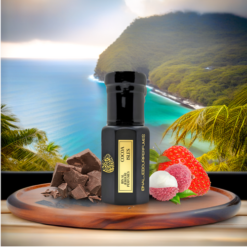 Cocoa Isles Perfume Oil by Ibn Al Jebouri, 6ml bottle, amber liquid, alcohol-free fruity gourmand scent