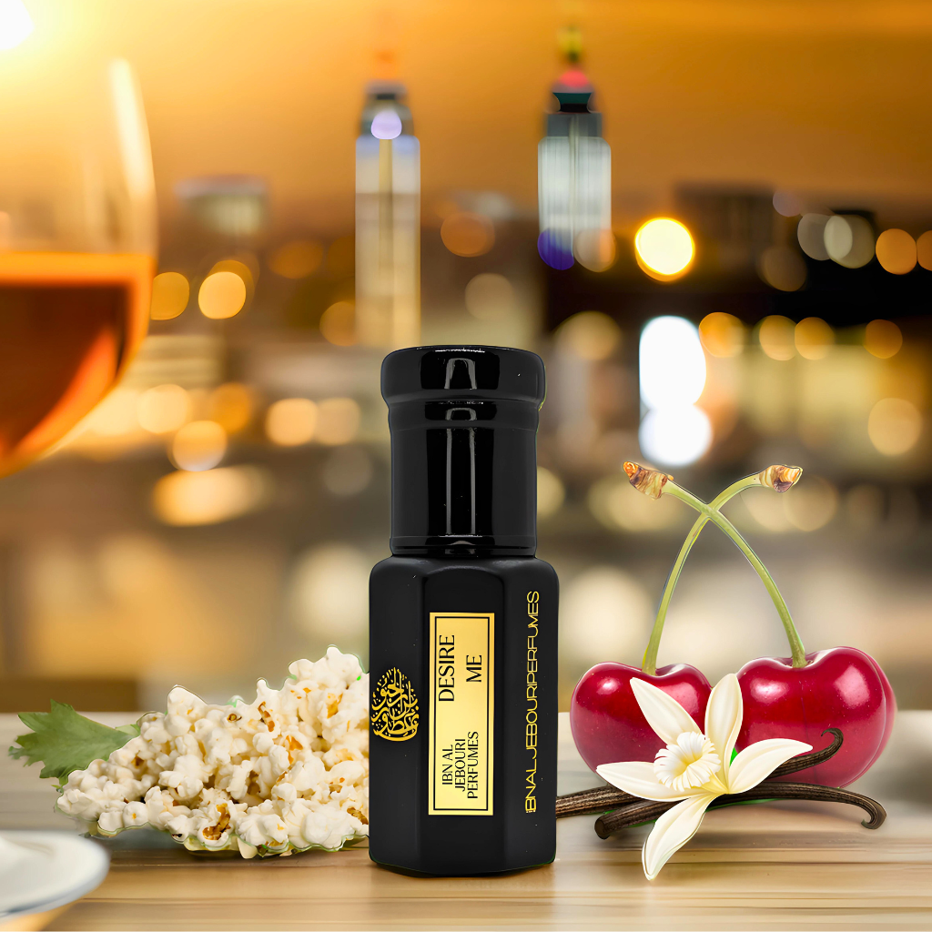 Desire Me alcohol-free perfume oil by Ibn Al Jebouri, clear glass bottle with a dropper, available in 1ml, 3ml, and 6ml size