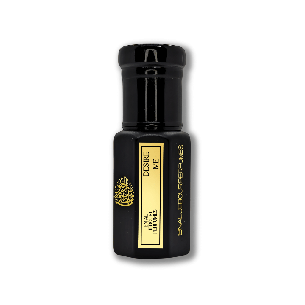 Desire Me alcohol-free perfume oil by Ibn Al Jebouri in a clear glass bottle, showcasing a captivating cherry scent.