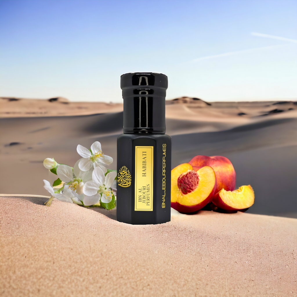 Habibati Fruity Floral Perfume Oil by Ibn Al Jebouri, 3ml alcohol-free attar in a clear glass bottle with floral design