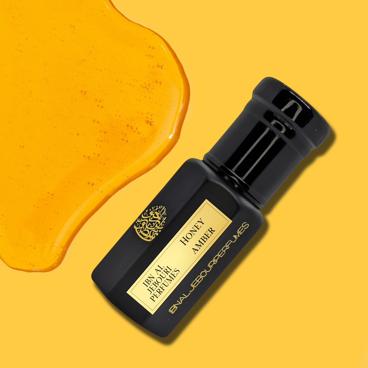 Amber glass bottle of Ibn Al Jebouri Honey Amber perfume, alcohol-free attar oil in 1ml, 3ml, and 6ml sizes.
