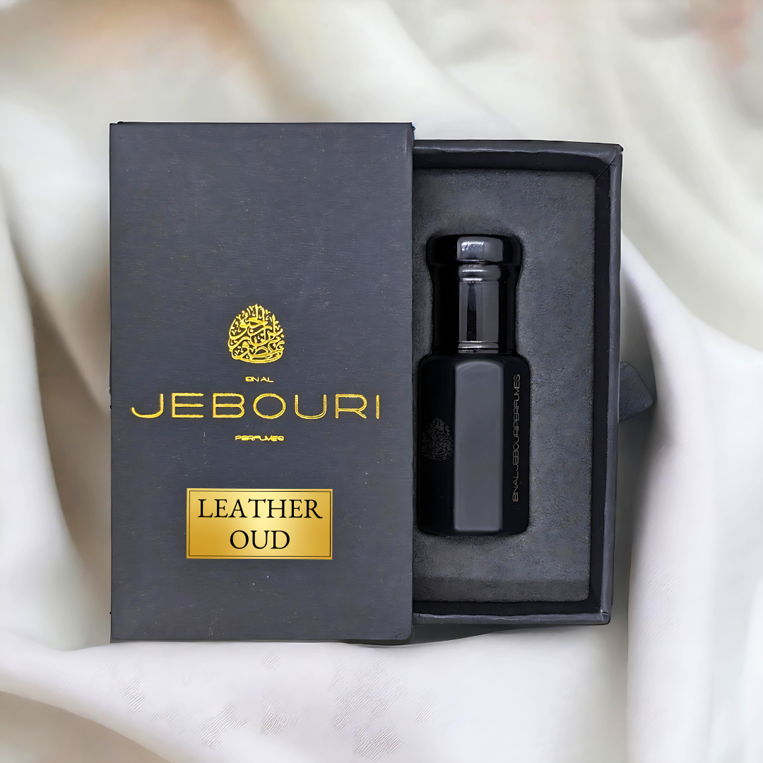 Limited Edition Leather Oud perfume oil by Ibn Al Jebouri, available in 1ml, 3ml, and 6ml sizes, alcohol-free.