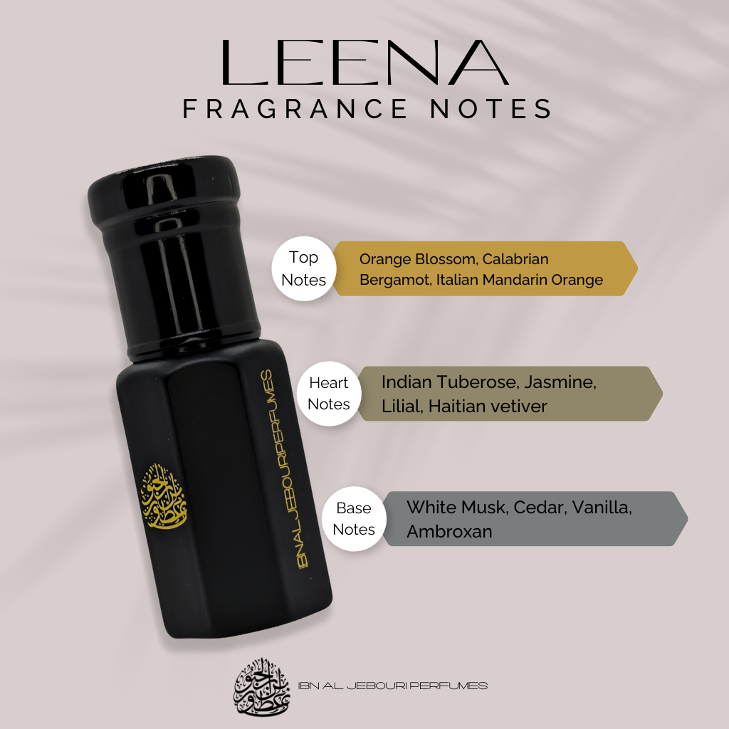 Black bottle of Ibn Al Jebouri Leena Perfume Oil, floral musky woody fragrance, available in 1ml, 3ml, and 6ml sizes.