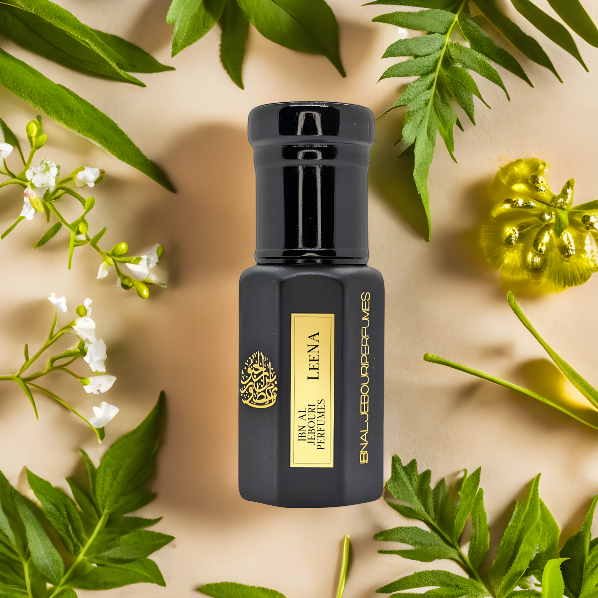 Black bottle of Ibn Al Jebouri Leena Perfume Oil, floral musky woody fragrance, alcohol-free, 6ml size