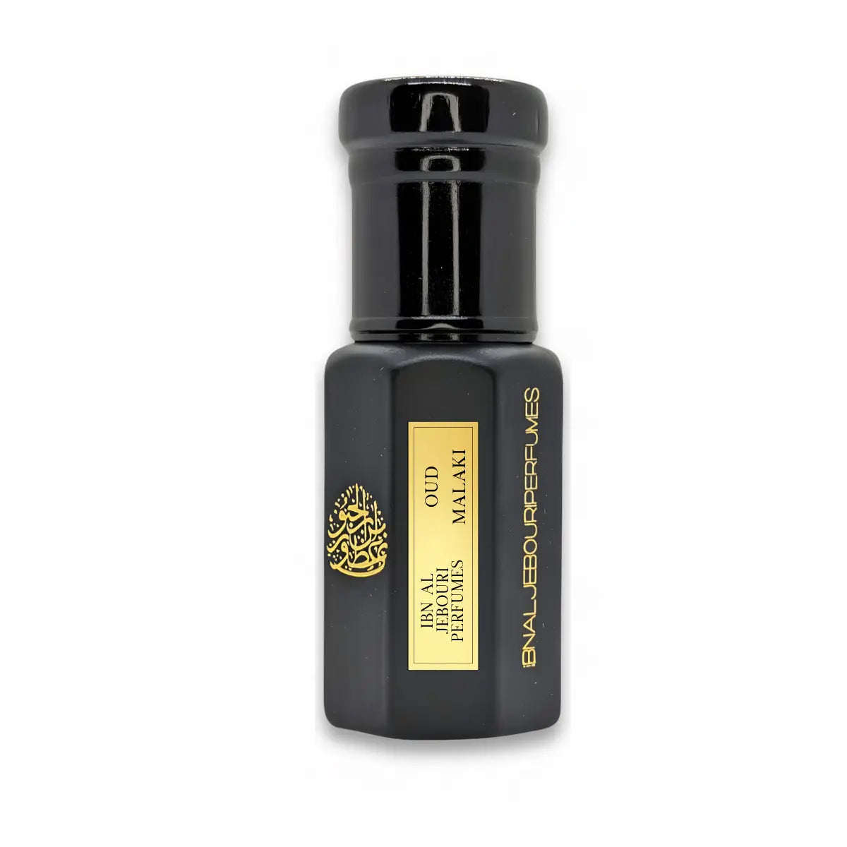 Oud Malaki perfume oil close-up bottle with wooden cap and gold accents