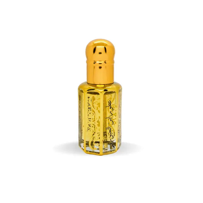 Amber fragrance oil by Ibn Al Jebouri in a sleek glass bottle, available in 6ml, 12ml, and 20ml sizes, alcohol-free.