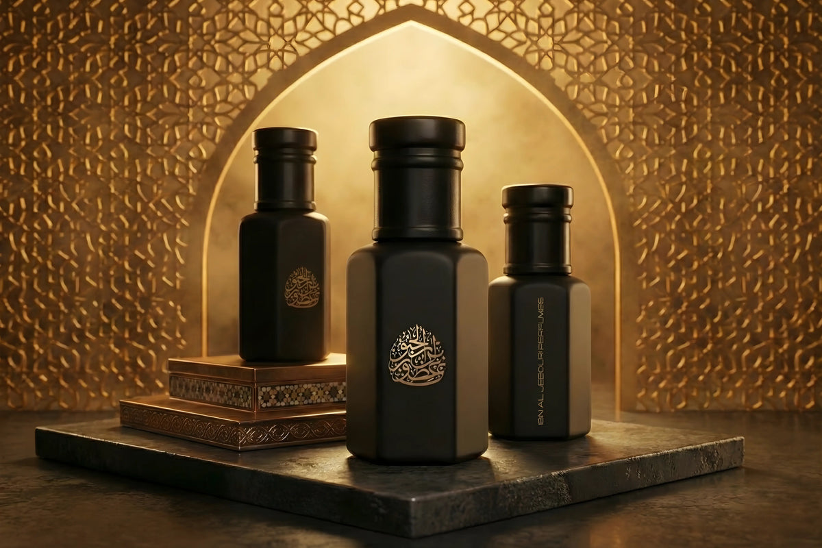 Three black perfume bottles on a stone platform with a decorative gold archway in the background.