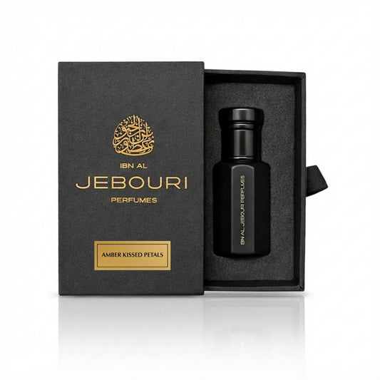 Ibn Al Jebouri amber kissed petals perfume bottle and packaging on a white background