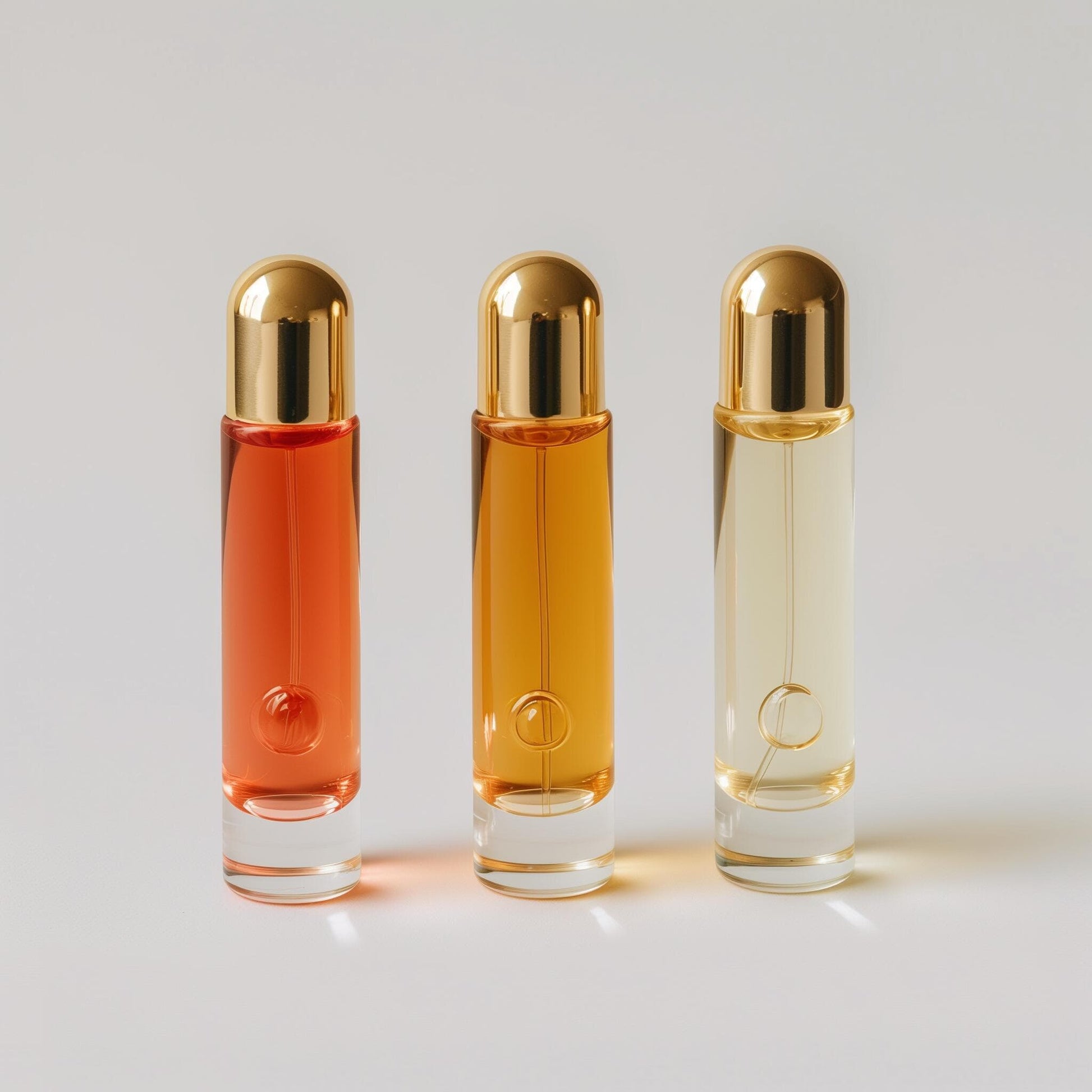 Three glass perfume bottles with gold caps: red, amber, and clear liquids