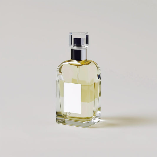 Clear glass perfume bottle with a rectangular label and golden liquid, by Ibn Al Jebouri Perfumes.