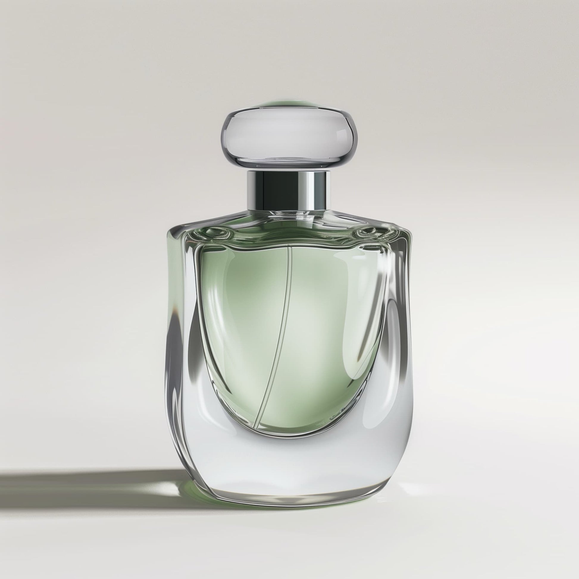 Green glass perfume bottle with a sleek design by Ibn Al Jebouri Perfumes.