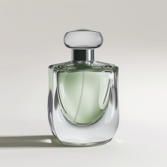 Green glass perfume bottle with a sleek design by Ibn Al Jebouri Perfumes.
