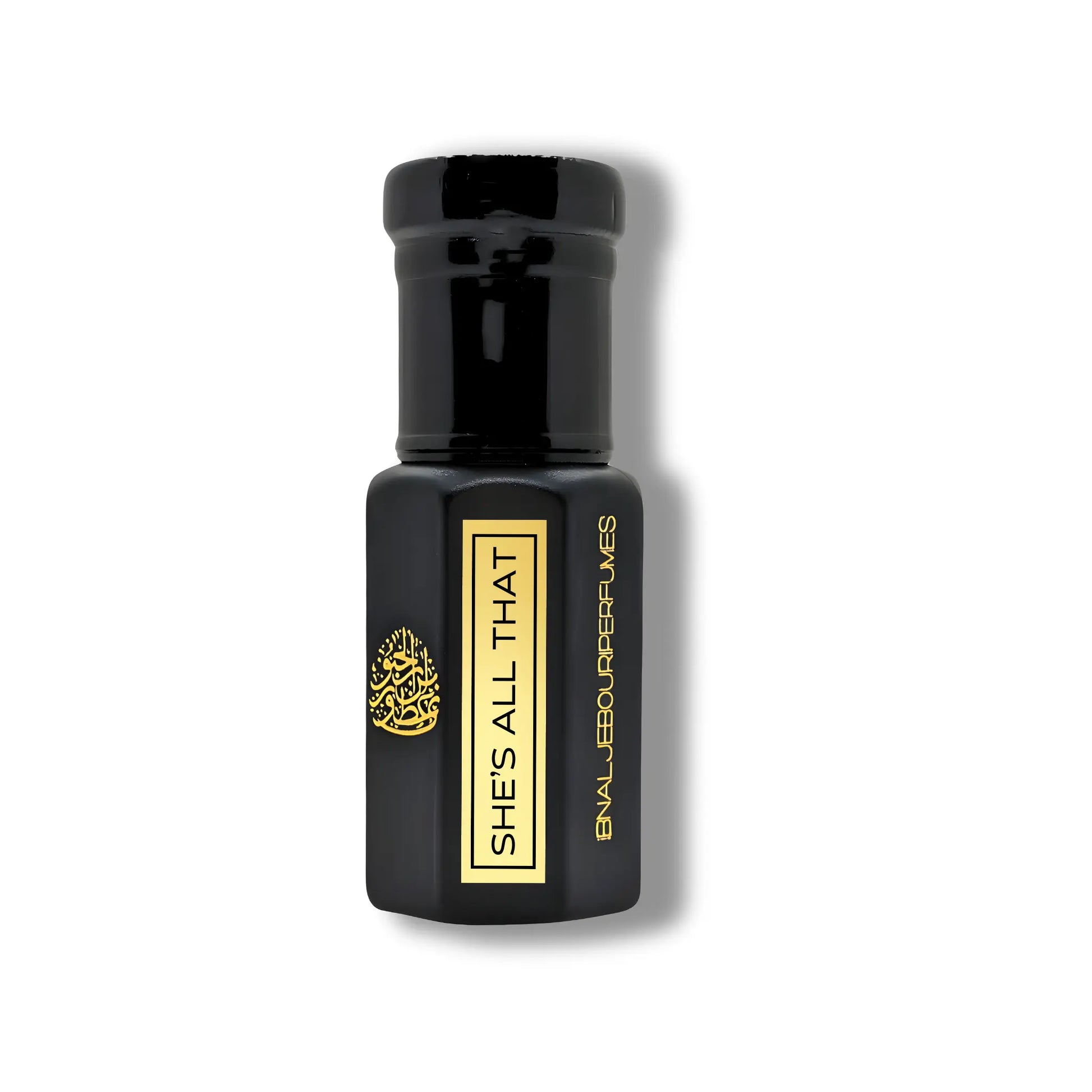 She's All That pure perfume oil by Ibn Al Jebouri, presented in a sophisticated matte black bottle with gold branding.