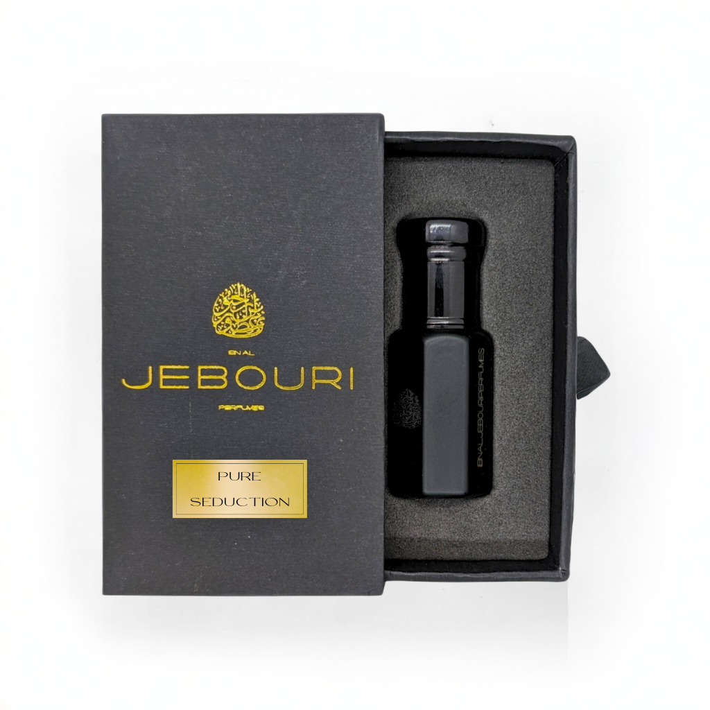 3ml bottle of Ibn Al Jebouri Pure Seduction perfume oil, featuring a fruity scent and elegant design, alcohol-free.