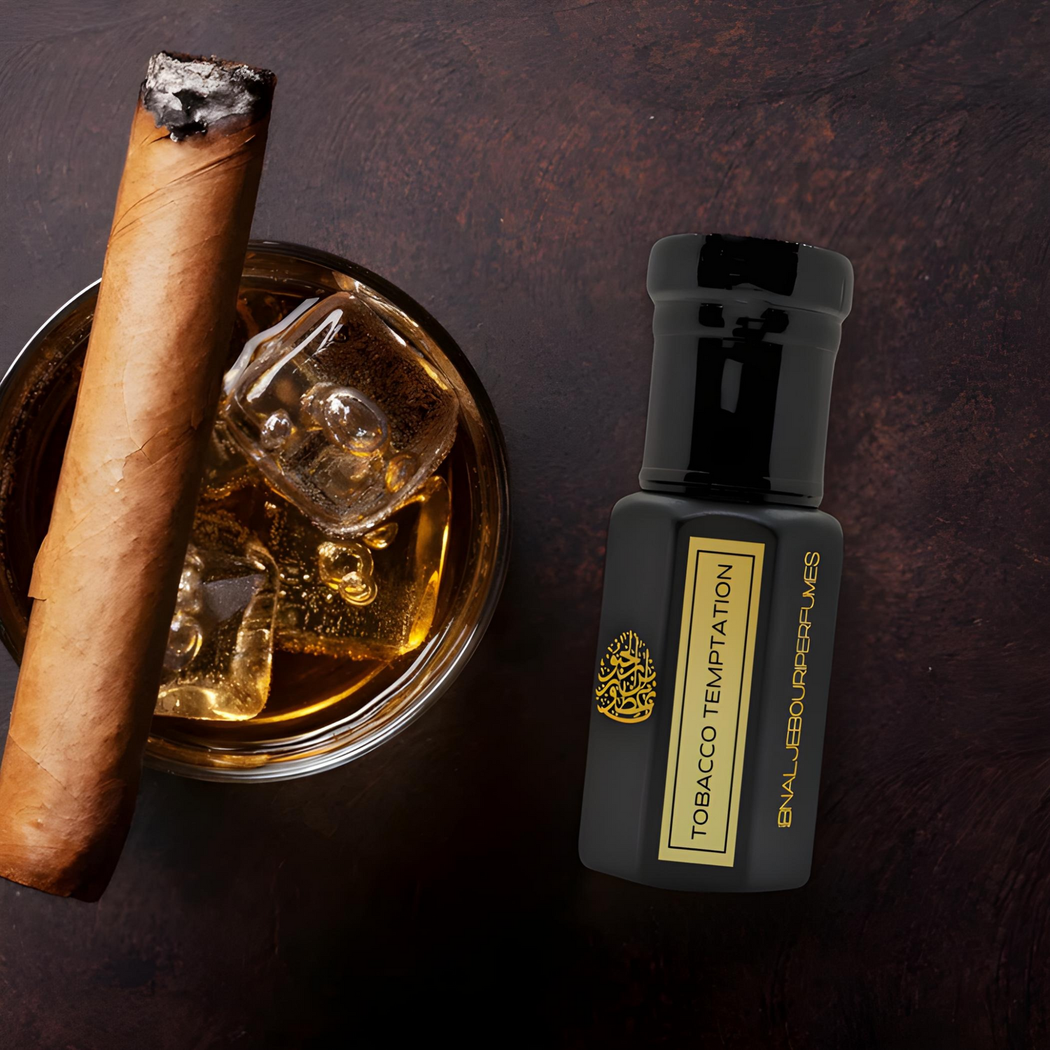 Tobacco Temptation perfume oil by Ibn Al Jebouri in a clear glass bottle, showcasing a rich amber liquid.