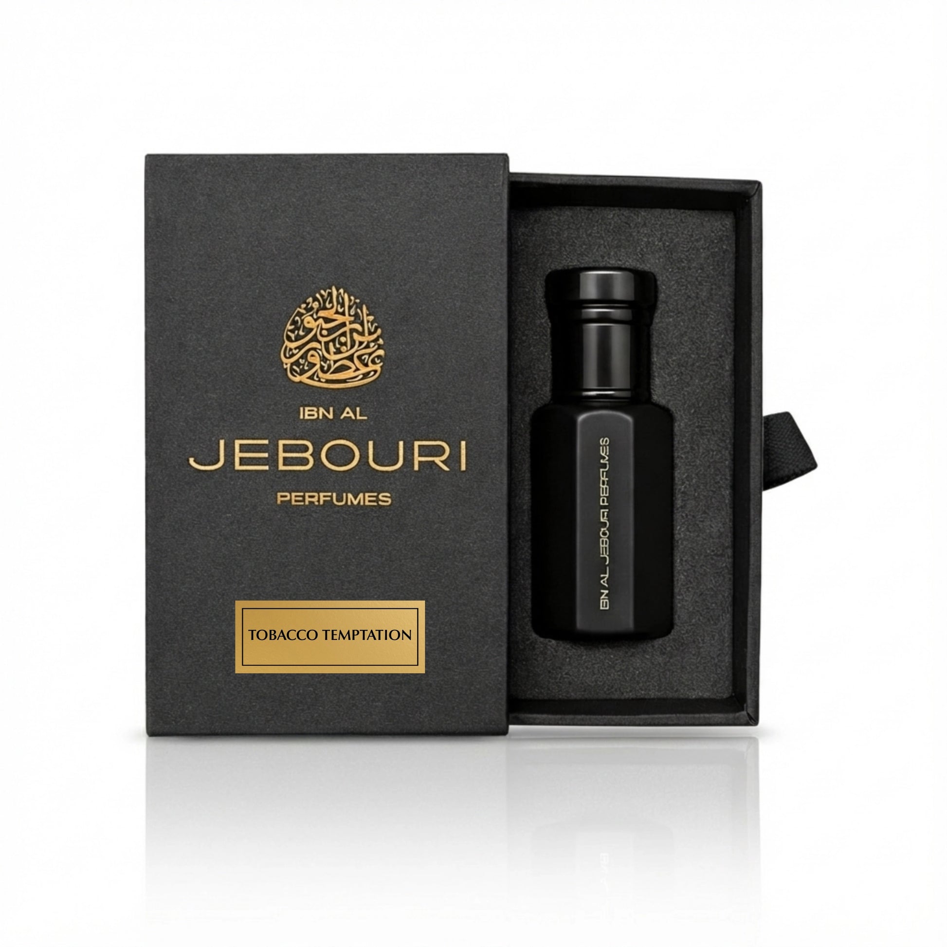 Ibn Al Jebouri tobacco temptation perfume bottle and packaging on a white background